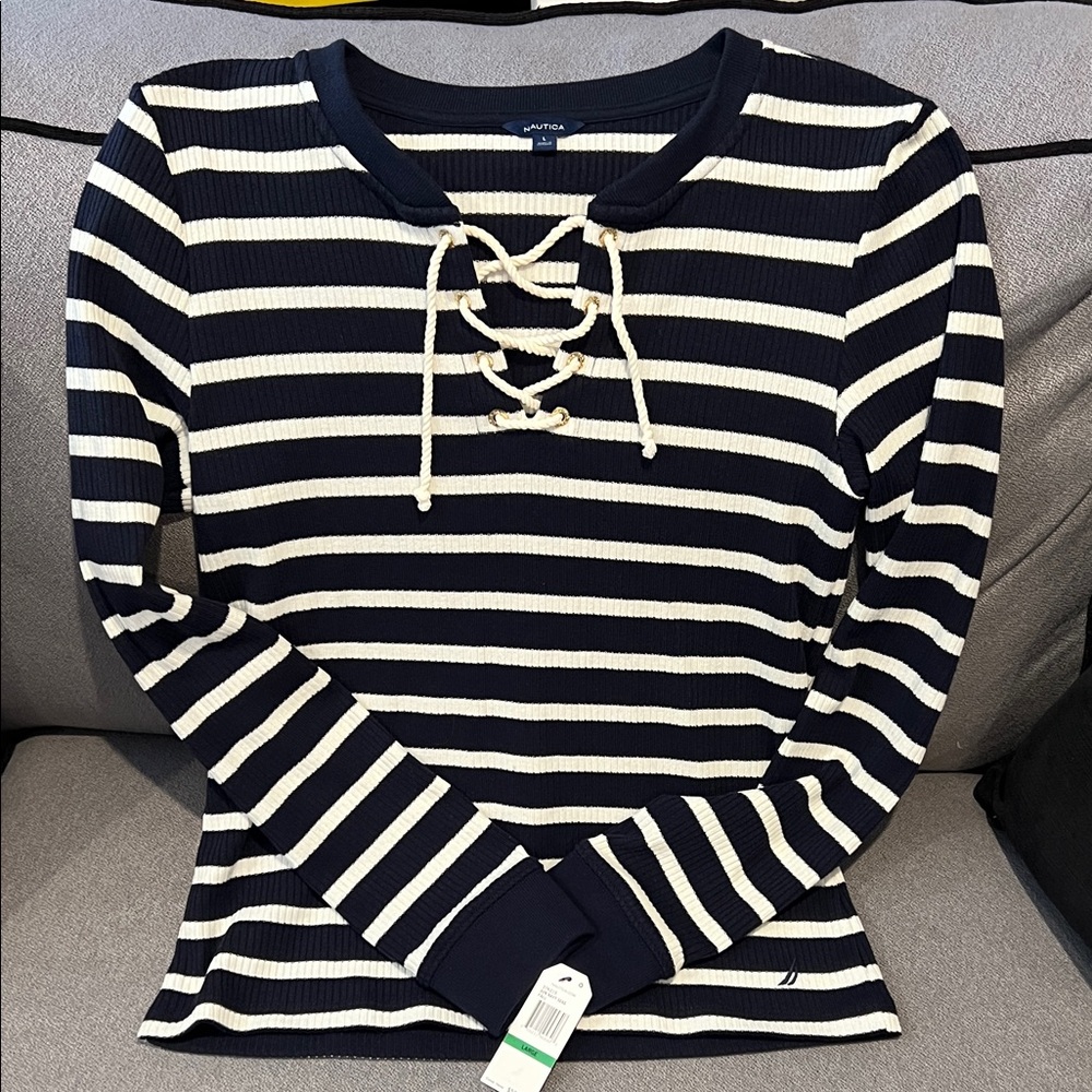 Nautica Women's Striped Sweater- Navy Blue and White